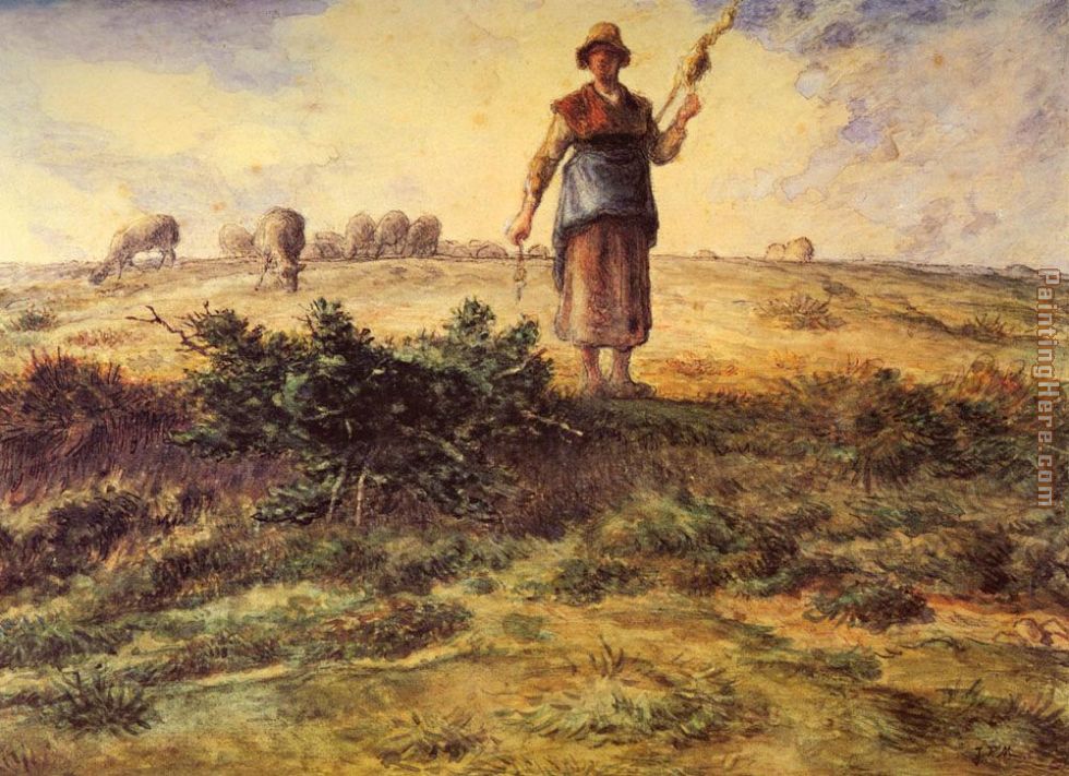 A Shepherdess and her Flock painting - Jean Francois Millet A Shepherdess and her Flock art painting